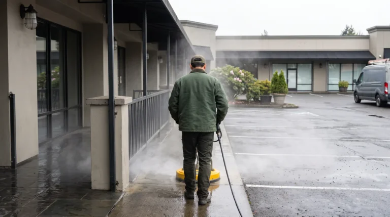 Commercial storefront walkway being pressure washed at dawn