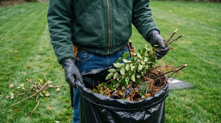 Yard debris being bagged on a back lawn