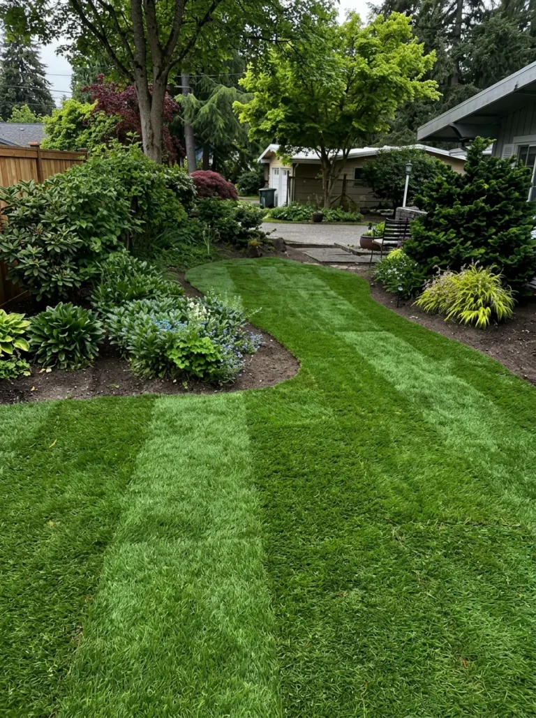 Fenced back yard with a healthy cut lawn