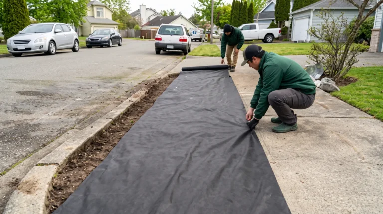 Crew rolling out landscape fabric along a driveway before planting