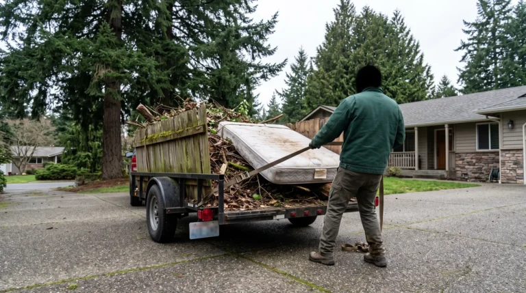 Trailer loaded with old fencing and debris in a driveway