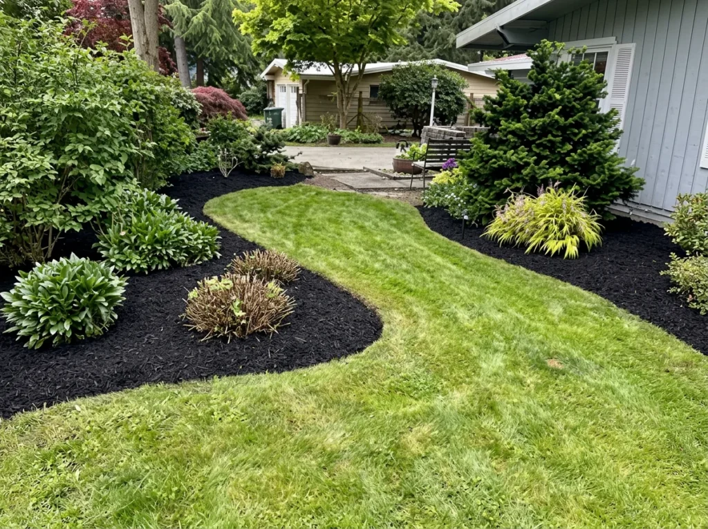 Yard after a fall cleanup with fresh bark and swept walks