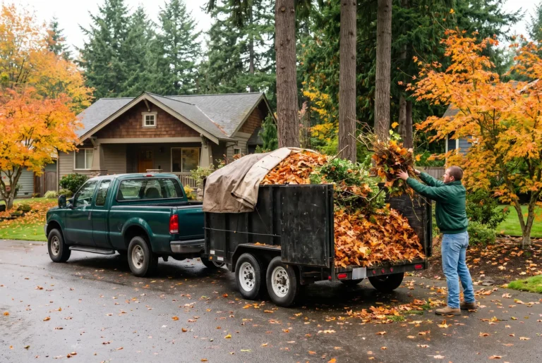 Crew member loading fall leaves and branches onto a trailer behind a green pickup
