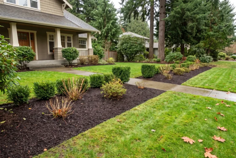 Tidy front beds with fresh dark bark mulch and trimmed shrubs after a fall cleanup