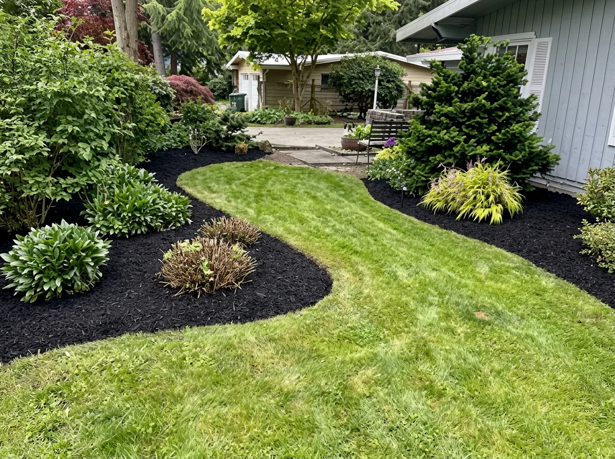 Yard after a fall cleanup with fresh bark and swept walks