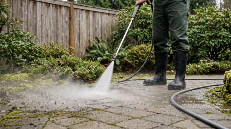Pressure washer wand cleaning a paver walkway