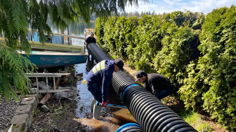 Crew joining a large corrugated drainage line in a trench