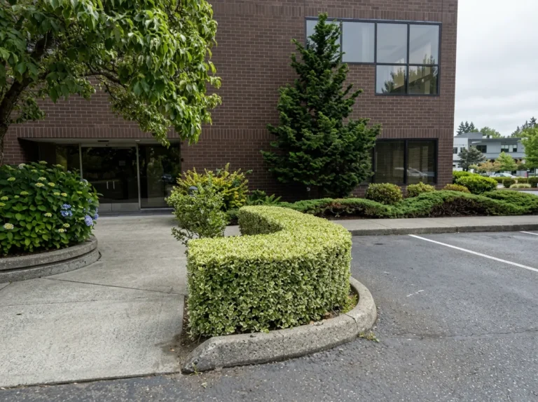 Curved hedge trimmed around an office parking island