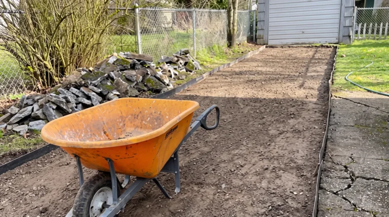 Graded gravel path beside a rock wall and shed