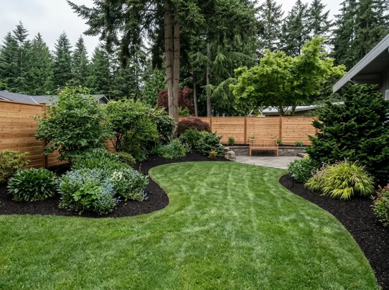 New sod lawn meeting a curved bark bed