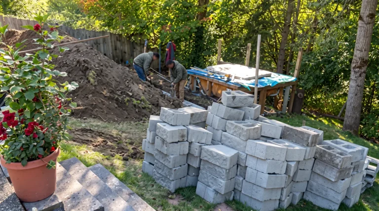 Crew digging and setting the base for a block retaining wall