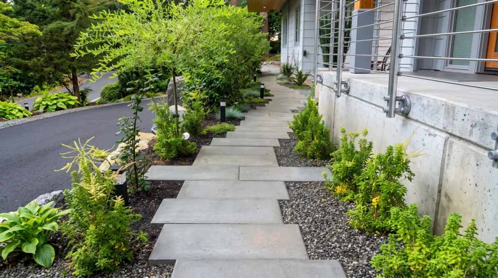 Bluestone paver walkway set in gravel with new plantings