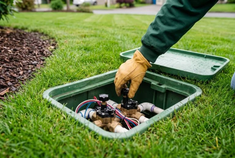 Gloved hand adjusting sprinkler valves inside an open valve box in a lawn