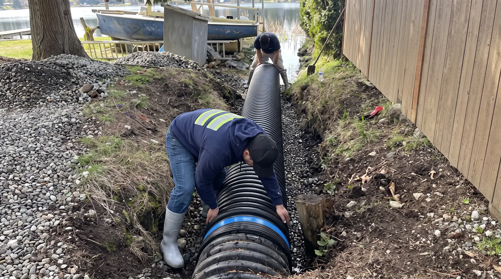 Crew setting a drainage pipe in a trench