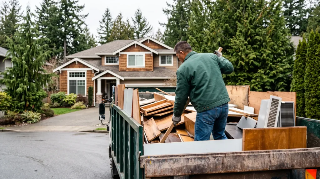 Crew member loading old furniture and debris into a dump truck