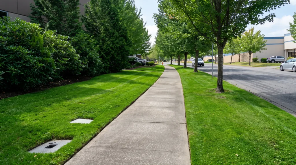 Mown lawn strip and edged walkway at a commercial property