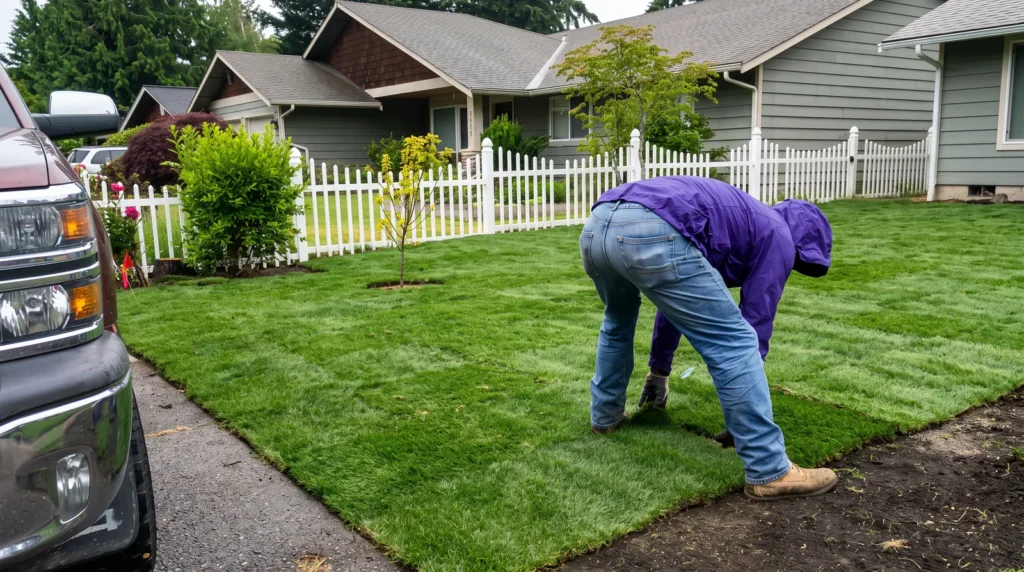 Crew member laying fresh sod on a front lawn