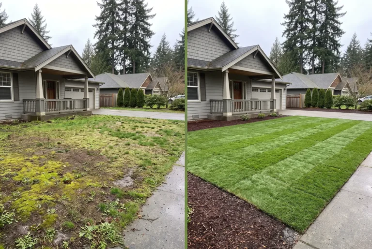 Before and after of a thin, mossy front lawn replaced with fresh sod