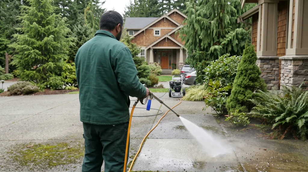 Crew member pressure washing a residential driveway
