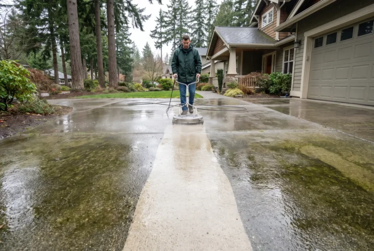 Crew member running a surface cleaner that leaves a clean stripe across a mossy driveway