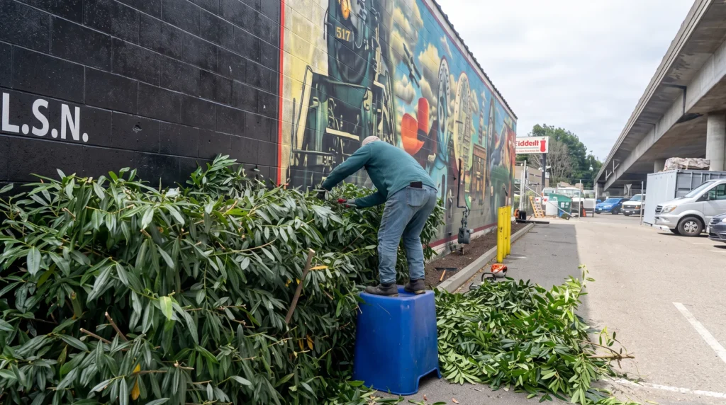 Crew member shaping a large hedge with power shears