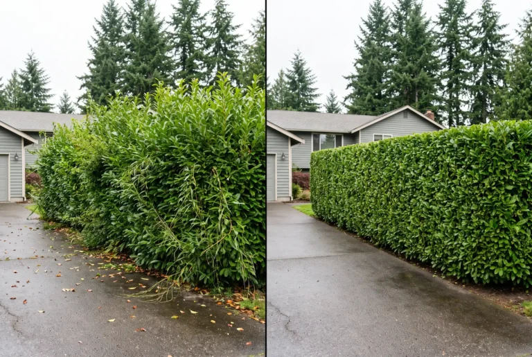 Before and after of an overgrown laurel hedge trimmed square beside a driveway