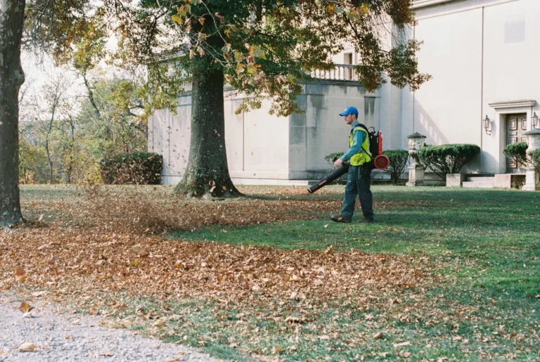 Crew member with a backpack blower clearing leaves from a lawn
